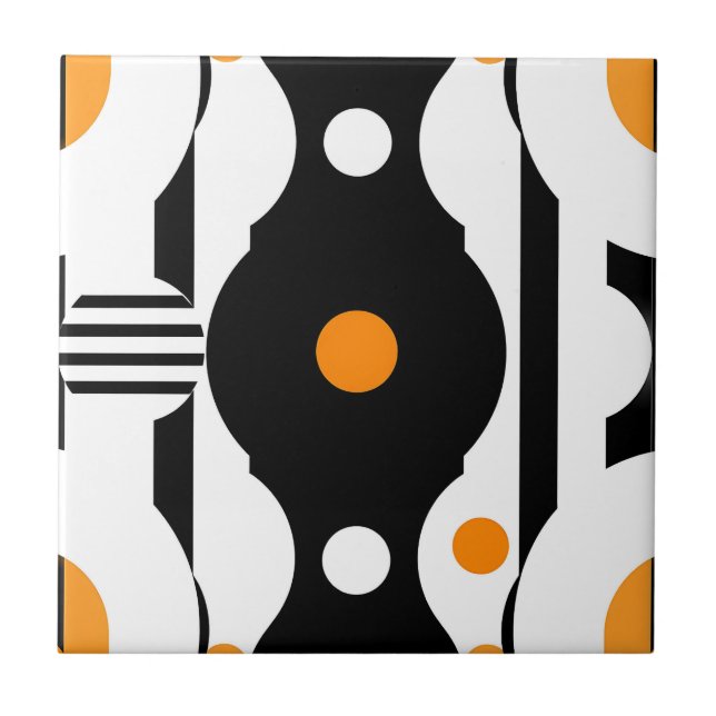 Azulejo De Cerâmica Preto Laranja Retro Mod Geométrico (Frente)