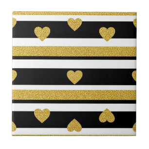 Azulejo De Cerâmica Preto Listra Dourado Coração Glam Padrão (4)