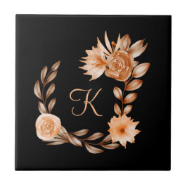 Azulejo De Cerâmica Preto Monogramado com Floral Marrom e Pêssego