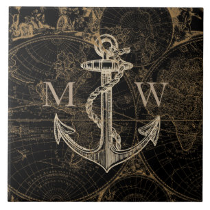 Azulejo De Cerâmica Preto náutico da âncora da viagem do Velho Mundo