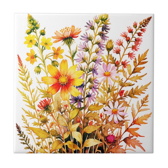 Azulejo De Cerâmica Pretty colorful wildflowers watercolor  (Frente)