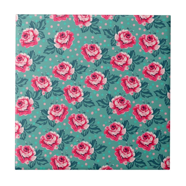 Azulejo De Cerâmica Pretty Pink Roses and Polka Dot Pattern on Teal (Frente)
