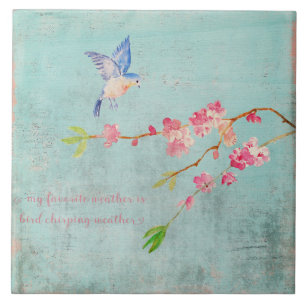 Azulejo De Cerâmica Primavera Bird Floral Cherryblosom Weather Blue