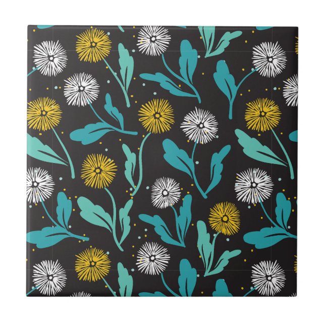 Azulejo De Cerâmica Primavera Dandelion Flores e Folhas Design (Frente)