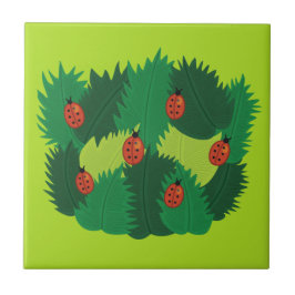 Azulejo De Cerâmica Primavera das folhas e dos joaninhas do verde