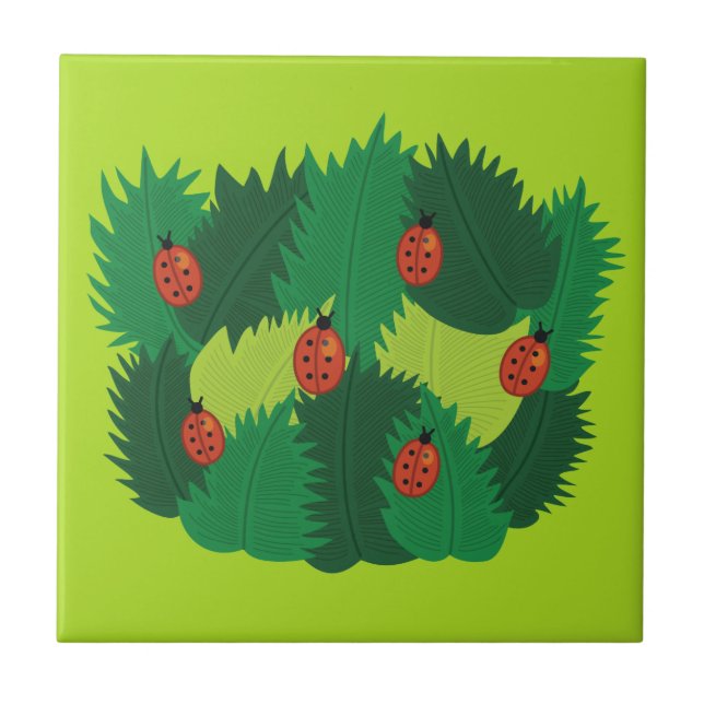 Azulejo De Cerâmica Primavera das folhas e dos joaninhas do verde (Frente)