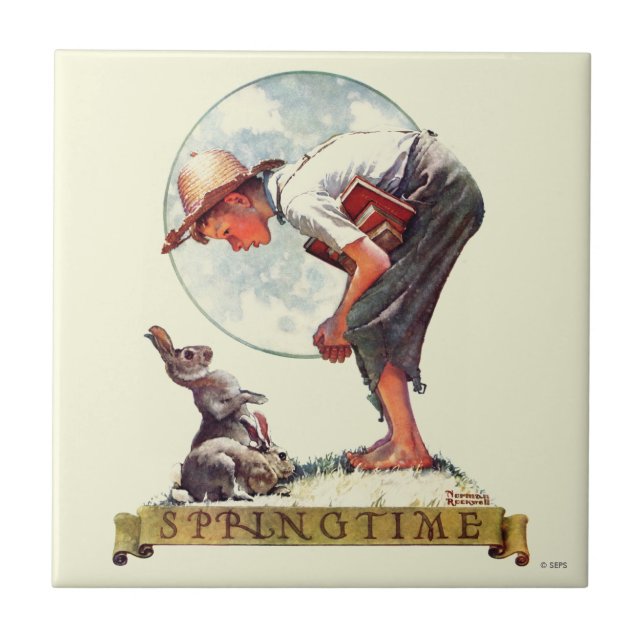 Azulejo De Cerâmica Primavera, menino 1935 com coelho (Frente)
