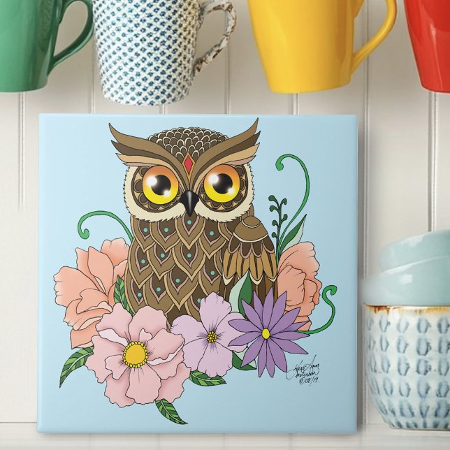 Azulejo De Cerâmica Primavera Pastel Flowers Owl (Criador carregado)