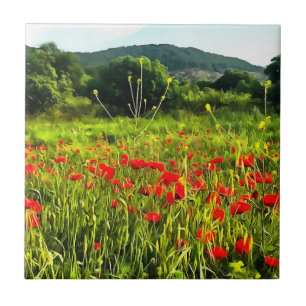 Azulejo De Cerâmica Primavera Poppies Meadow e Mountain Landscape