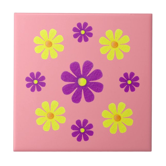 Azulejo De Cerâmica Primavera púrpura e flores amarelas para cozinha (Frente)