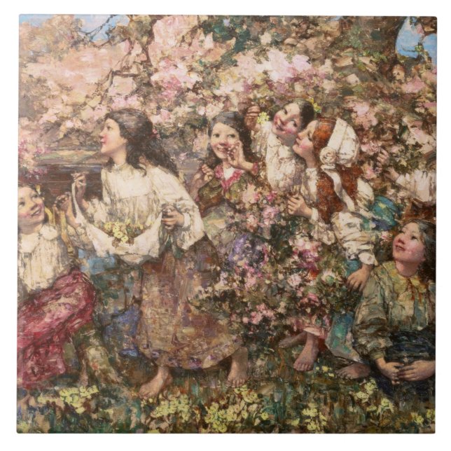 Azulejo De Cerâmica Primavera Rounlate (por Edward Atkinson Hornel) (Frente)