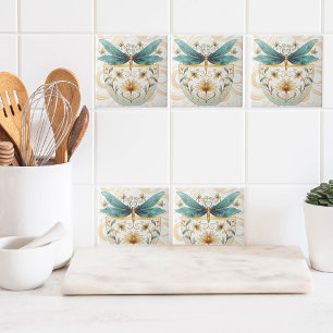 Azulejo De Cerâmica Primavera Themed Whimsical Blue e Dragonfly Dourad