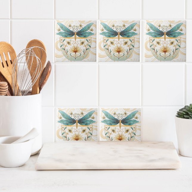 Azulejo De Cerâmica Primavera Themed Whimsical Blue e Dragonfly Dourad (Aqua dragonfly and gold swirls ceramic tile for spring kitchen updates )