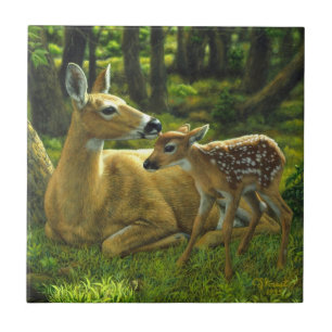 Azulejo De Cerâmica Primavera Whitetail Fawn e Madre Deer