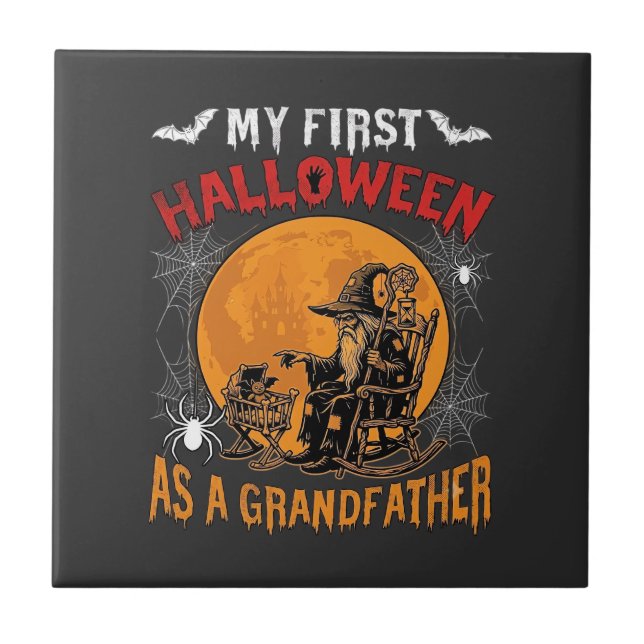 Azulejo De Cerâmica Primeiro Halloween como Avô Feiticeiro Morcego Lua (Frente)