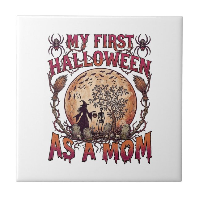 Azulejo De Cerâmica Primeiro Halloween Como Mãe Bruxa Esqueleto Lua_1 (Frente)