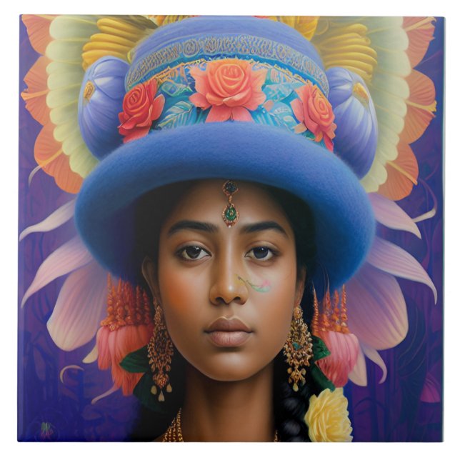 Azulejo De Cerâmica Princesa asiática com chapéu azul grande (Frente)