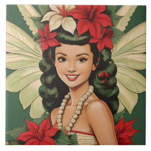 Azulejo De Cerâmica Princesa de Natal Tropical de Retro