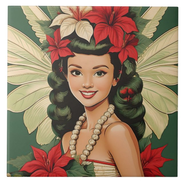 Azulejo De Cerâmica Princesa de Natal Tropical de Retro (Frente)