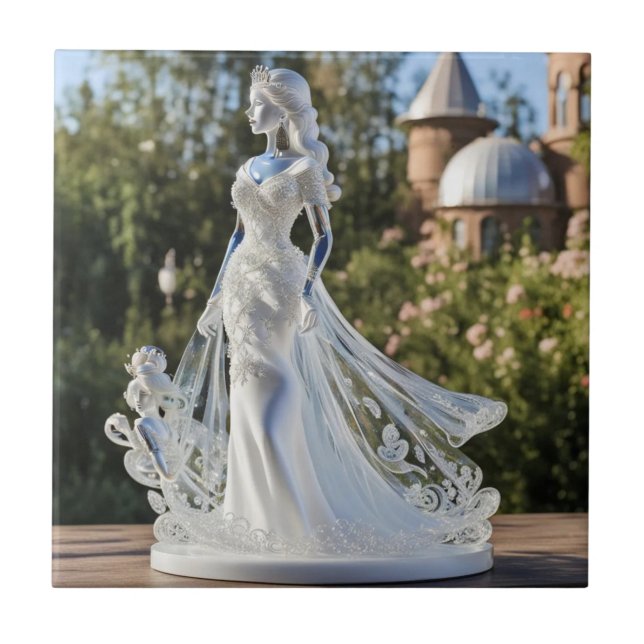 Azulejo De Cerâmica Princesa de vidro cristal com vestido branco (Frente)