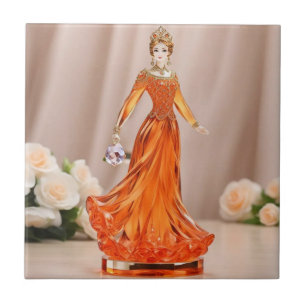 Azulejo De Cerâmica Princesa de vidro cristal com vestido de laranja