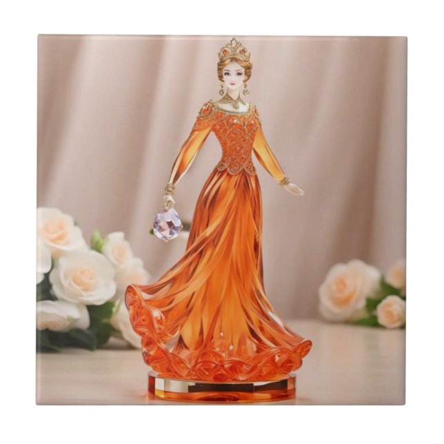 Azulejo De Cerâmica Princesa de vidro cristal com vestido de laranja (Frente)