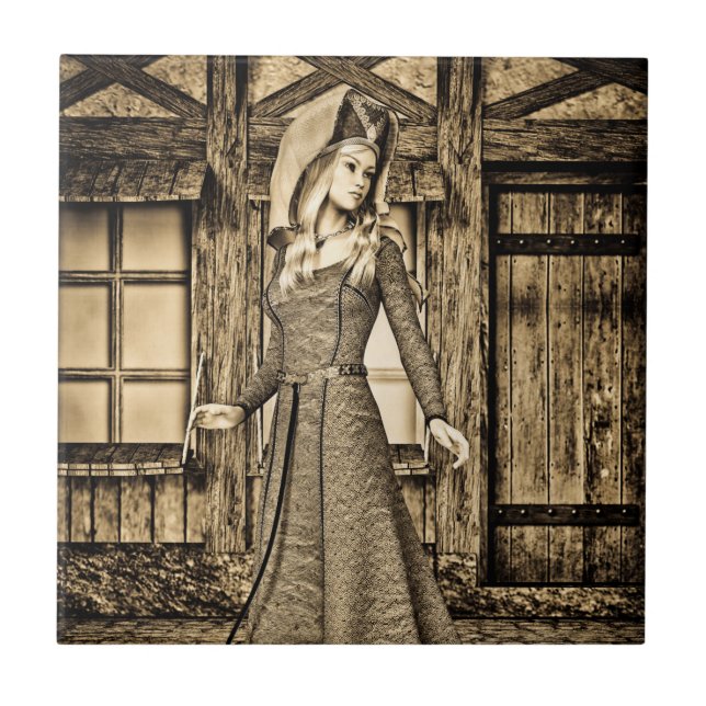 Azulejo De Cerâmica Princesa Medieval Sépia Arte Renascentista (Frente)