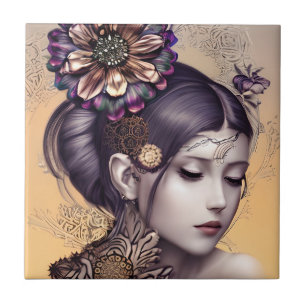 Azulejo De Cerâmica Princesa Steampunk com Flor Colorido de Cobre