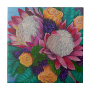 Azulejo De Cerâmica Proteas gigantes e Rosas de laranja