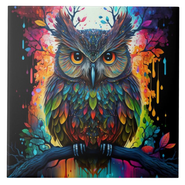 Azulejo De Cerâmica Psychedelic Fantasy Hippy Owl (Frente)