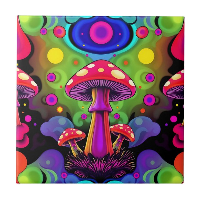 Azulejo De Cerâmica Psychedelic Vibrant Colorful Retro Mushrooms (Frente)
