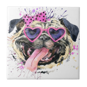 Azulejo De Cerâmica Pug cor-de-rosa bonito da aguarela