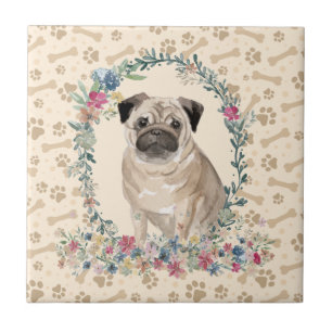 Azulejo De Cerâmica Pug Dog Paw Imprima Beige Floral