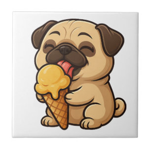 Azulejo De Cerâmica Pug feliz com desenho animado de verão de sorvete