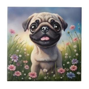Azulejo De Cerâmica Pug Flowers