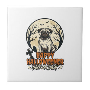 Azulejo De Cerâmica Pug Halloween Doces ou Travessuras Desenho de Grav