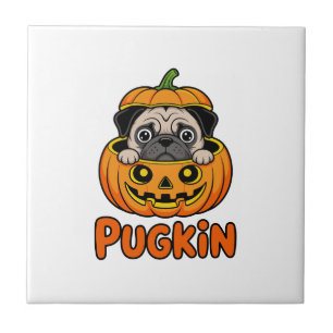 Azulejo De Cerâmica Pugkin de Halloween, Cachorro Pug Abobora