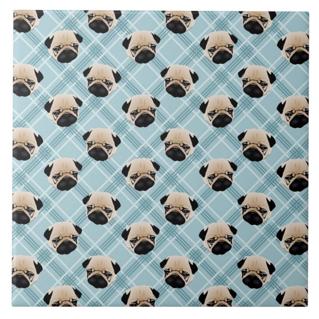 Azulejo De Cerâmica Pugs na xadrez azul (Frente)
