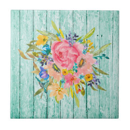 Azulejo De Cerâmica Pulverização Floral com Rosa de Aquarelas Aqua de