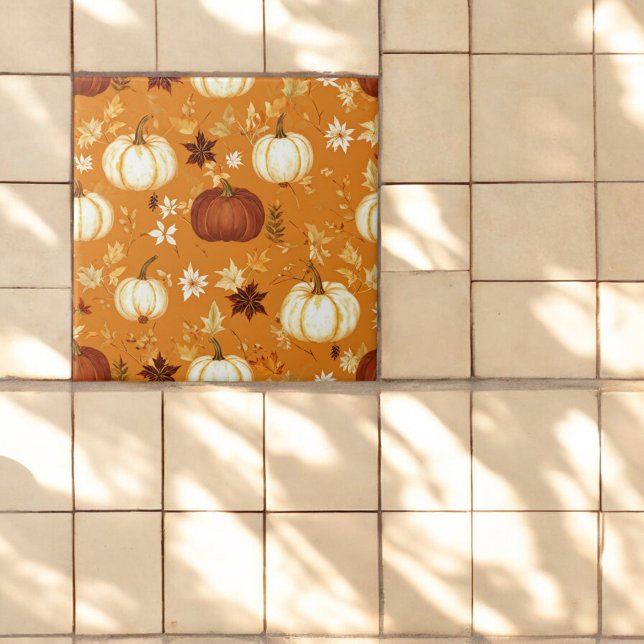 Azulejo De Cerâmica Pumpkin Castanho Floral outono e Padrões de Queda (Criador carregado)