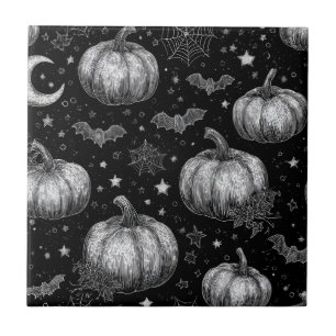 Azulejo De Cerâmica Pumpkin de Dia das Bruxas Preto e Branco, Bat, tei