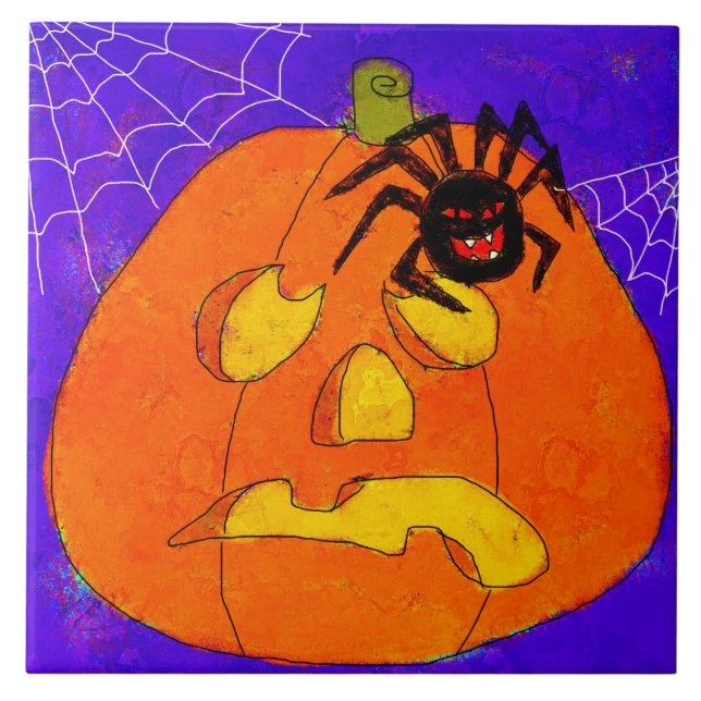 Azulejo De Cerâmica Pumpkin e Aranha Abstrato de Halloween (Frente)