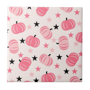 Azulejo De Cerâmica Pumpkin rosa e preto com estrelas Halloween e outo
