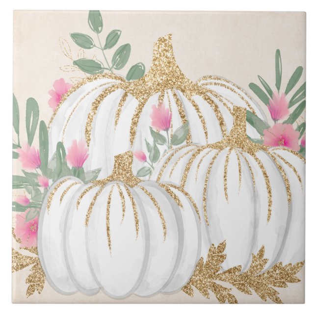 Azulejo De Cerâmica Pumpkins branco e Dourado Aquarela (Frente)
