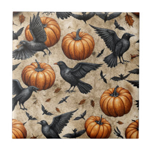 Azulejo De Cerâmica Pumpkins, Corvos e o Padrão do Dia das Bruxas do M