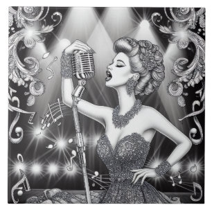 Azulejo De Cerâmica Punk Rock Rockabilly Retro Glam Preto e Branco
