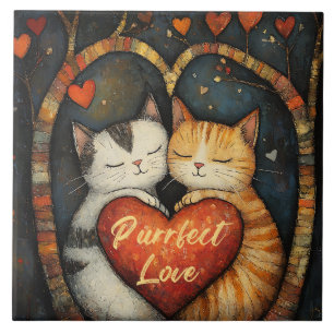 Azulejo De Cerâmica Purfect Love A Cozy Cat Embrace Trabalho de arte