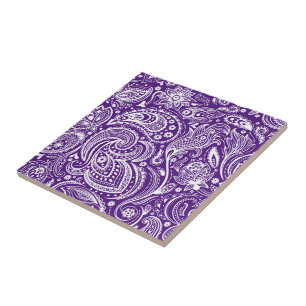 Azulejo De Cerâmica Púrpura e White Vintage Floral Paisley Padrão