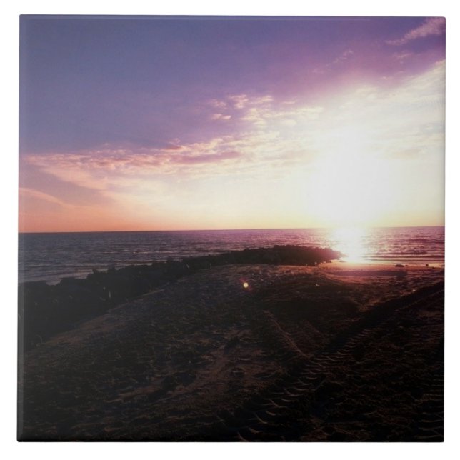 Azulejo De Cerâmica Púrpura Rosa Púrpura Sunset sobre Água Foto da Cos (Frente)