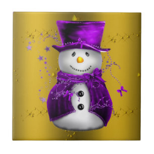Azulejo De Cerâmica Púrpura Snowman no Dourado Natal
